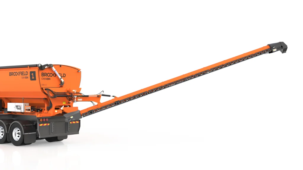 The OmniBin Generation II outload arm deployed, with the chute in place