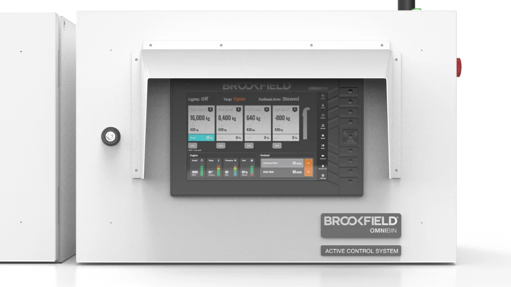 The OmniBin Generation II touchscreen showing load weight for each compartment, tarp and outload arm status