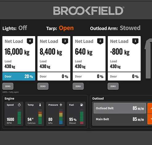 The OmniBin Generation II 10 inch control interface showing net load per compartment, engine data, and outload and main belt speeds